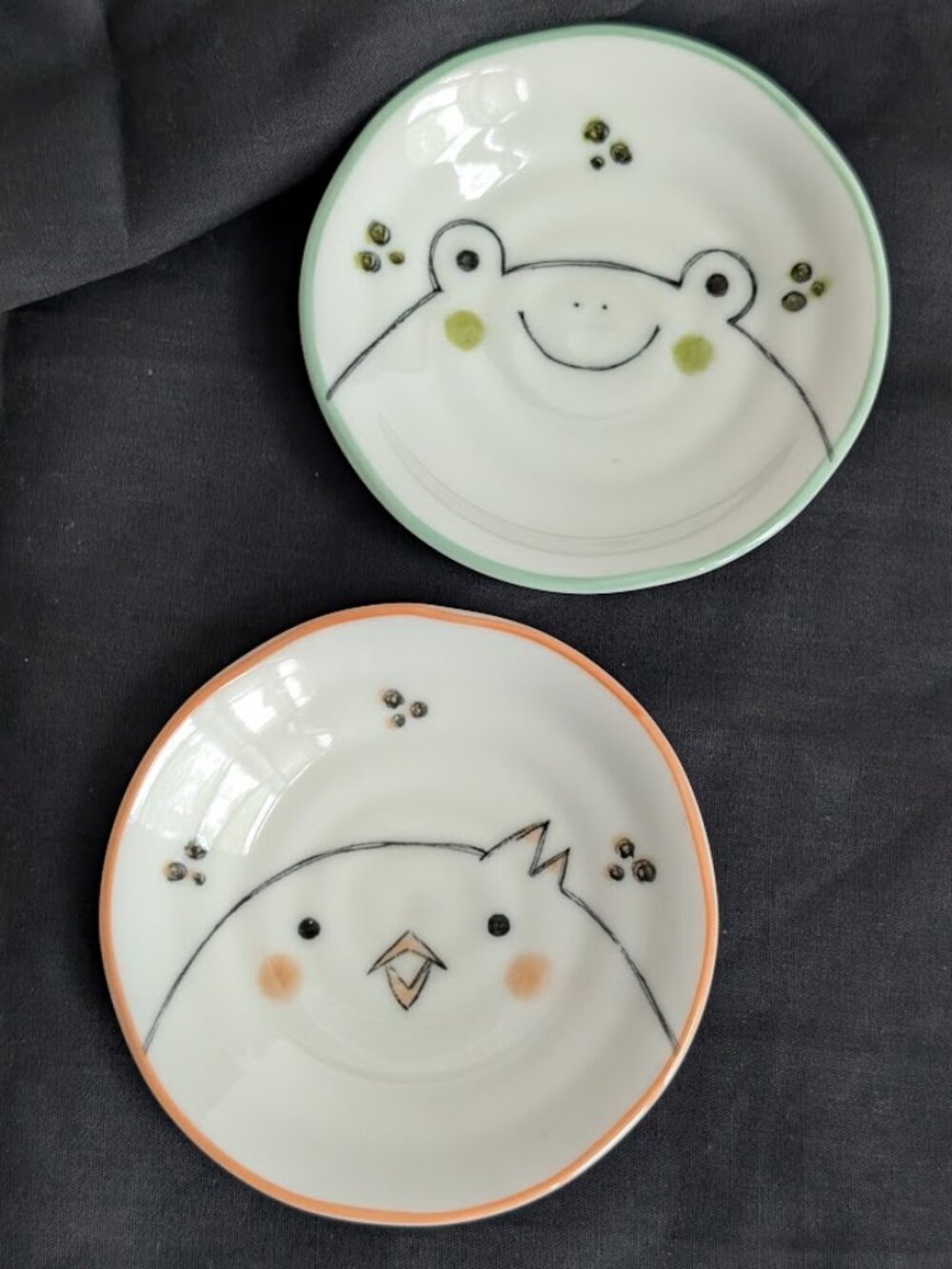 Kotobuki Kanemi 4" Ceramic Dish Chick & Frog Plates Japan Trinket Dish